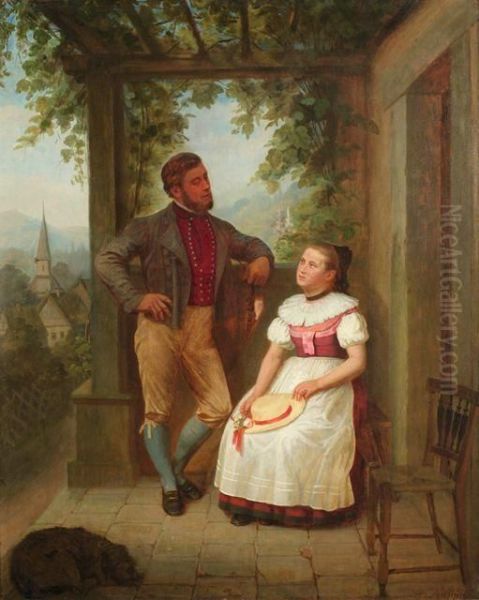 Junges Paar In Tracht Unter Einer Belaubten Pergola - view 1