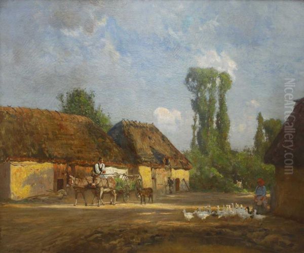 Norddeutsche Dorfstrasse Mit Eselskarren Und Magd Mit Entenschar - view 1