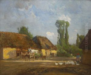 Norddeutsche Dorfstrasse Mit Eselskarren Und Magd Mit Entenschar