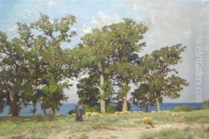 Sommerlandschaft Mit Schafen Und Schaferin An Der Ostseekuste by Carl Friedrich Kappstein