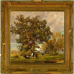 Grazing Cattle Near Old Oak Trees by Carl Friedrich Kappstein