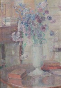 Vase De Fleurs Et Livres Sur Une Table Ronde by Adrien Karbowsky