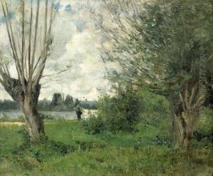 Flussufer Mit Weidengruppe Und Angler. by Gustave Karcher