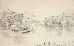 Felsige Landschaft /stadt Am Fluss Mit Bruckenruine by Karl Graf Von Spreti