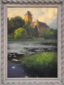 Sommerliches Seeufer Mit Seerosen, Im Hintergrund Schlossansicht by Anton Hans Karlinsky