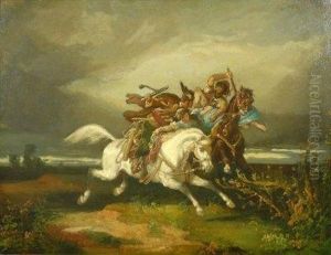 Riders In Battle. Two Riders Fighting Over A Helpless Beauty. Signed Lower Center: Jacobey K by Jacob Karoly