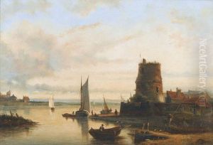 Idyllische Flussuferpartie Mit Turm Und Booten