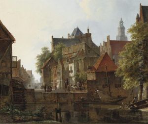 Horsemen On A Quay In A Dutch Town In Summer by Kasparus Karsen