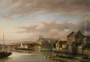 Flusslandschaft Mit Stadtmauer