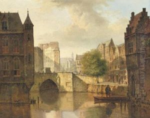 A Sunlit Town With A Church Beyond
