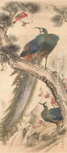 Peacocks And Parrot by Taki Katei