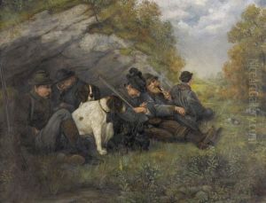 Rastende Jager Mit Hunden by Burkhard Katzen-Flury