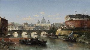 Boats On The Tiber At The Castel Sant'angelo, Rome by Carl Kauffman