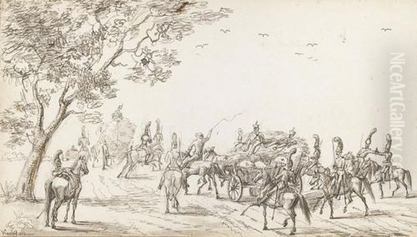 Kavalleristen Mit Zwei Heuwagen Auf Einem Weg - view 1