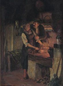 Bauersleute Im Schein Des Herdfeuers by Hermann Ii Kauffmann
