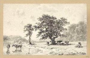 "landscape With Lakes And Resting Herd". 1869 by Hermann Ii Kauffmann