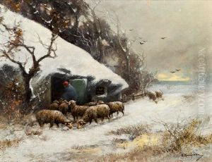 Schafherde Im Winter by Adolf Kaufmann