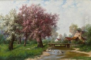 Bluhende Baume Am Fluss by Adolf Kaufmann