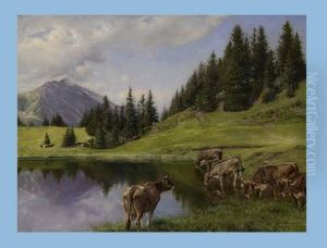 Bergsee Mit Trinkenden Kuhen,1918 by Joseph Clemens Kaufmann