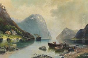 Norwegische Fjordlandschaft Mit Postdampfer Und Fischern