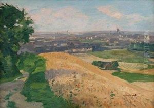 Weite Sommerlandschaft Mit Ortsansicht.