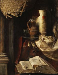 Stilleben Mit Alten Buchern, Krug Und Weinglas