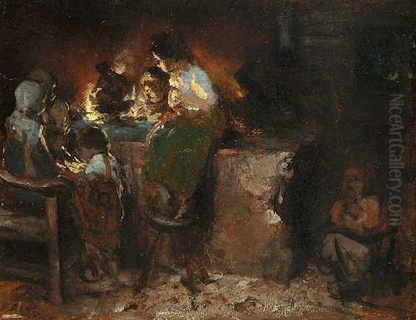 Kinder Im Schein Des Feuers In Der Stube - view 1
