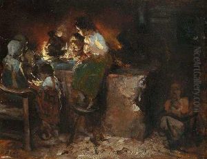 Kinder Im Schein Des Feuers In Der Stube by Hermann Kaulbach
