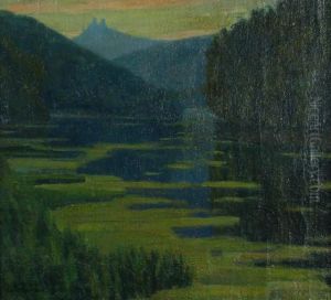 Arts And Crafts Style Lakelandscape With Distant Castle by Leonhard Kaupisch