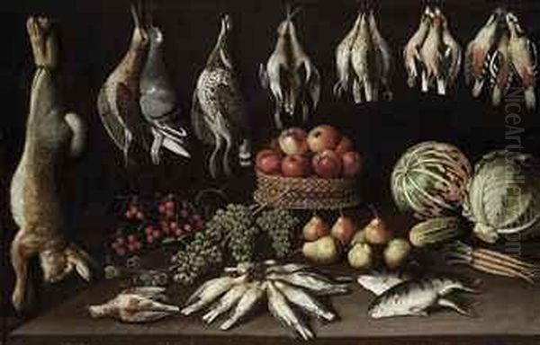 Apples In A Wicker Basket, With Pears, Grapes, Cherries, A Gherkin,lettuce, Melon, Dead Birds And Fish On A Wooden Table, With Arabbit, Woodcocks, A Pigeon And Other Birds Hanging - view 1