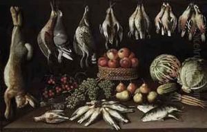 Apples In A Wicker Basket, With Pears, Grapes, Cherries, A Gherkin,lettuce, Melon, Dead Birds And Fish On A Wooden Table, With Arabbit, Woodcocks, A Pigeon And Other Birds Hanging