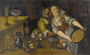 A Kitchen Interior Scene. by Albrecht Kauw