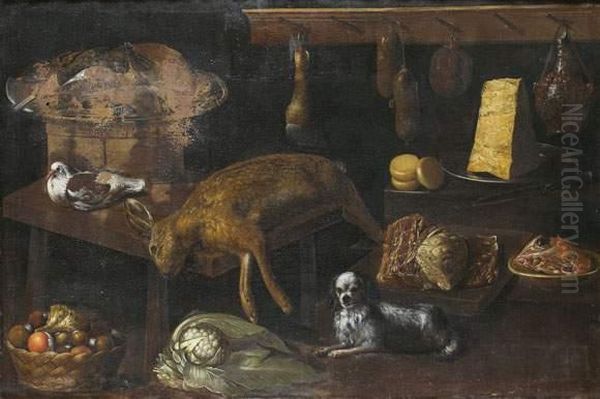 Nature Morte Au Gibier, A La Corbeille De Fruits, Aux Fromagesgardee Par Un Chien - view 1