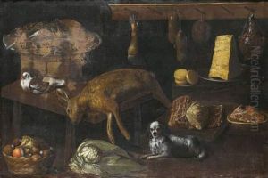 Nature Morte Au Gibier, A La Corbeille De Fruits, Aux Fromagesgardee Par Un Chien