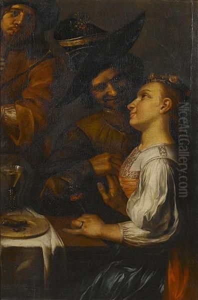 A Young Woman Seated At A Table With A Young Man Looking On, A Musician Playing The Bagpipes Nearby - view 1