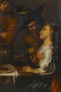 A Young Woman Seated At A Table With A Young Man Looking On, A Musician Playing The Bagpipes Nearby