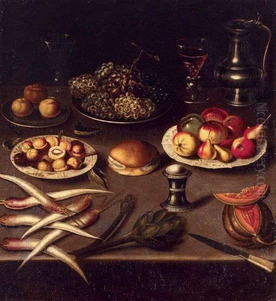 Turnips, An Artichoke, A Melon, A Bun, Fruit On Plates, Two Facon De Venise, A Pewter Jug And A Knife, On A Table - view 1