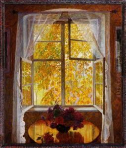 Blick Uber Einen Kleinen Runden Tisch Mit Einem Blumenstraus Durch Das Geoffnete Fenster Auf Einen Baum by Paul Kauzmann