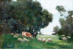 Cows And Sheep Grazing by Archibald Kay