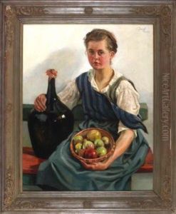 Portrait Eines Jungen Blonden Madchens Mit Einem Apfelkorb Und Einer Grosen Schwarzen Flasche Auf Einer Bank Vor Neutralem Hintergrund by Otto Keck