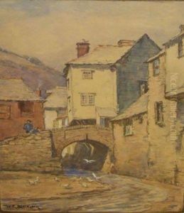 Figures On A Stone Bridge By Cottages by William Knight Keeling
