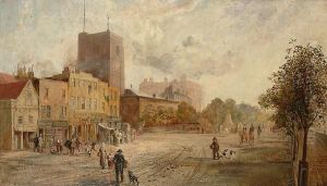 Figures On Cheyne Walk With Chelsea Old Church by William Knight Keeling