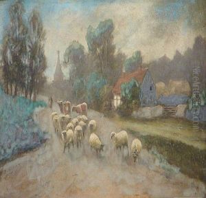 A Drover With Sheep And Cattle In A by Elmer Keene