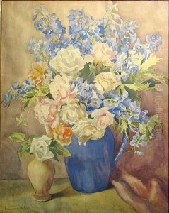 Roses And Delphiniums In A Blue Vase; Spring Bouquet And Figurine (a Pair)