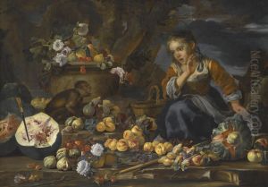 Still Life Of Watermelons, Apples, Figs, Pomegranates, Flowers And Peaches, With A Young Girl Startled By A Monkey
