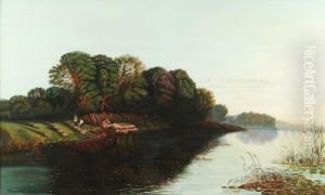 River Scene With Rush Cutters On The Bank by Allan Keith