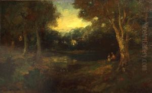Two Figures By A Pond In A Forest Clearing