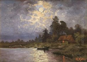 Seenlandschaft In Vollmondnacht Mit Am Ufer Anlegendem Ruderboot Und Kleinem Fischerhaus Mit Rauchendem Kamin Auf Dem Festland. by A. Keller