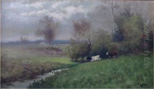 Cows In Pasture Near Stream by D.V. Keller