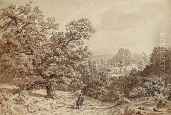 Waldlandschaft Mit Reiter Und Blick Auf Eine Burg - view 1